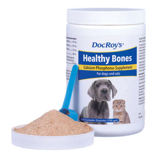 White container with label, Doc Roys Healthy Bones-Bone Health Vitamins for Dogs & Cats, 700 gm