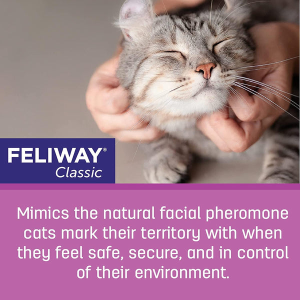 Feline feliway mimics the natural facial pheromone cats mark their territory with when they feel safe and secure