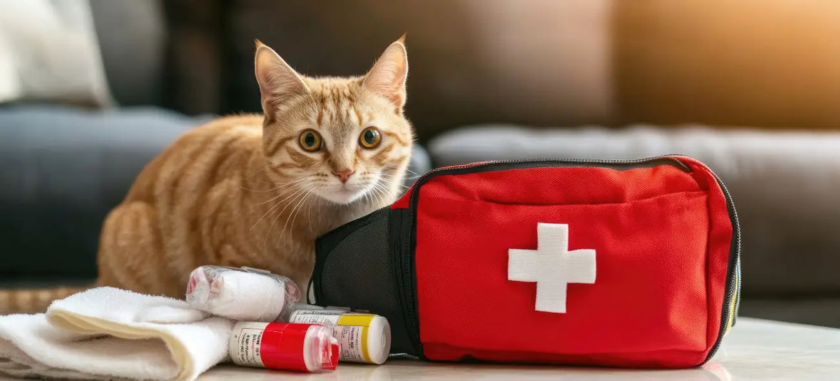An orange tabby cat sits beside a red first aid kit and medical supplies, looking directly at the camera in a cozy indoor setting