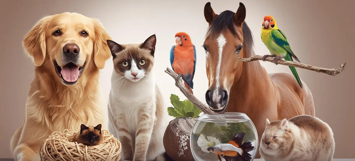 an image of a golden retriever, a cat, birds perched on branches, a horse, a fish in a bowl, and a hamster posing together.