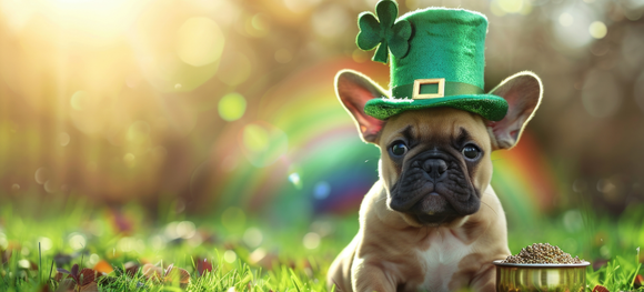 dog wearing a green St. Patrick's Day hat sitting with a bowl of dog food in a clover garden
