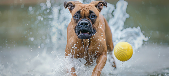 Boxer dog chasing a ball in water