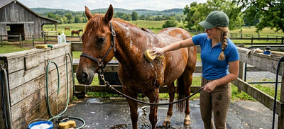 Horse grooming scene showing a person washing a brown horse in a stable wash area using HardyPaw products, highlighting proper horse bathing care in a safe and controlled environment.