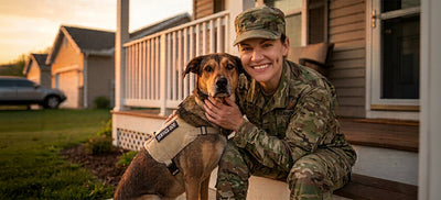 Savoring a peaceful moment at dusk, a smiling female soldier named Reaney holds her dedicated service dog close on the front porch, representing the life-changing partnership that brings comfort and hope to veterans returning home.