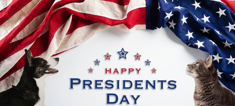 American flag displayed with the text "Happy President's Day" and images of a dog & a cat on either sides.