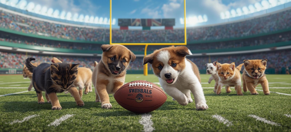 puppies and kittens playing the American Football in a stadium