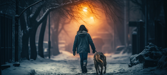 girl walking her dog on a snowed down road