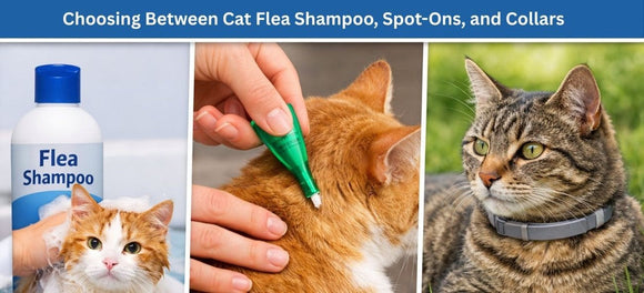 comparison images of cat flea shampoo, spot-on treatments and flea&tick collars for cats