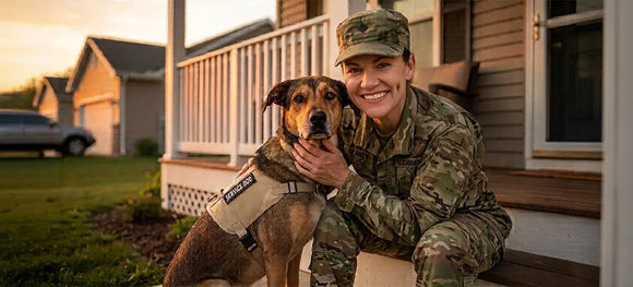 Savoring a peaceful moment at dusk, a smiling female soldier named Reaney holds her dedicated service dog close on the front porch, representing the life-changing partnership that brings comfort and hope to veterans returning home.