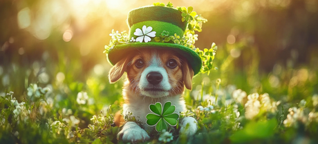 puppy wear St. Patrick's Day hat in a clover garden
