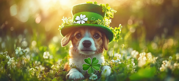 puppy wear St. Patrick's Day hat in a clover garden