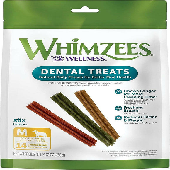 Whimzees by Wellness Stix Natural Grain Free Dental Chews For Medium Breed Dogs (14.8 oz)