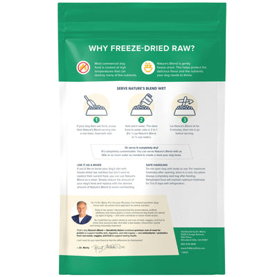 Back Label of Dr Marty Nature's Blend Sensitivity Select Freeze Dried Raw Dog Food (48 oz)