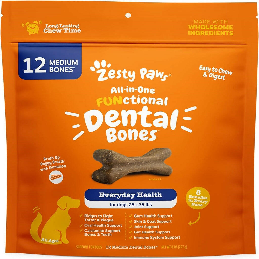 Zesty Paws All-in-One Functional Dental Bone Chews For Regular/Medium Dogs (12 bones)