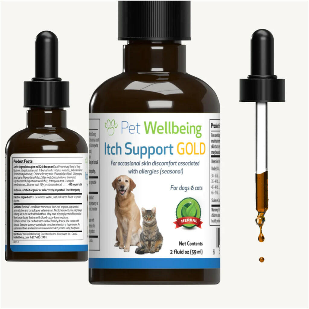 Pet Wellbeing itch support gold comes in a 4 oz bottle