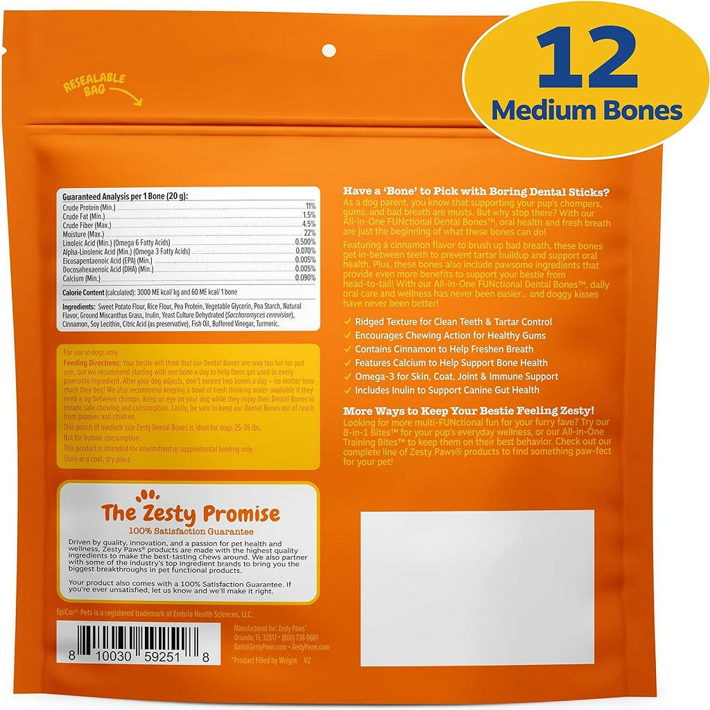 Zesty Paws All-in-One Functional Dental Bone Chews For Regular/Medium Dogs (12 bones)