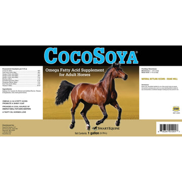 CocoSoya Omega Fatty Acid Supplement for Adult Horses packaging with a horse illustration on a beige background.