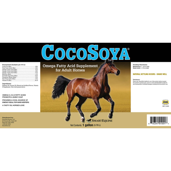 CocoSoya Omega Fatty Acid Supplement for Adult Horses packaging with a horse illustration on a beige background.
