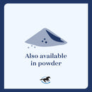 Icon of a powder mound with text 'Also available in powder' on a blue background