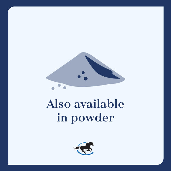 Icon of a powder mound with text 'Also available in powder' on a blue background