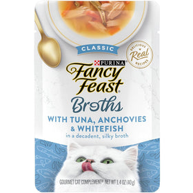 Fancy Feast Classic Broths with Tuna, Anchovies & Whitefish Supplemental Wet Cat Food Pouches, 1.4-oz pouch, case of 16