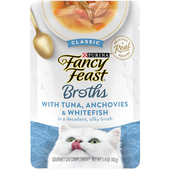 Fancy Feast Classic Broths with Tuna, Anchovies & Whitefish Supplemental Wet Cat Food Pouches, 1.4-oz pouch, case of 16