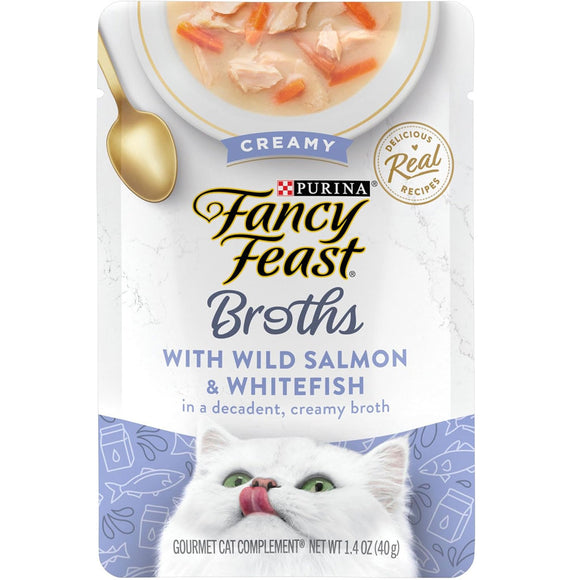Fancy Feast Creamy Broths with Wild Salmon & Whitefish Supplemental Wet Cat Food Pouches, 1.4-oz pouch, case of 16
