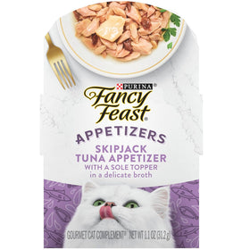 Fancy Feast Appetizers, Skipjack Tuna with a Sole Topper, Lickable Cat Treats, 1.1-oz tray, case of 10