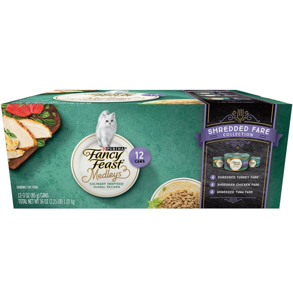 Fancy Feast Medleys Shredded Fare Wet Cat Food Variety Pack, 3-oz case of 24