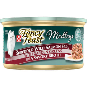 Fancy Feast Medleys Shredded Wild Salmon Fare in Broth Wet Cat Food, 3-oz case of 24
