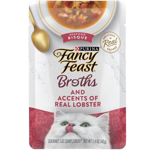 Fancy Feast Broths Seafood Bisque & Accents of Real Lobster Grain-Free Lickable Cat Food Topper, 1.4-oz pouch, case of 16