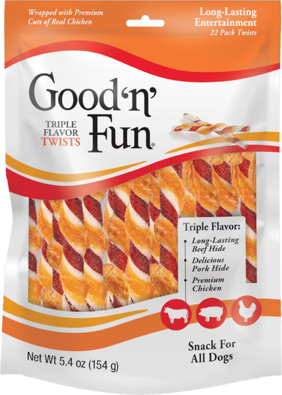 Good 'N' Fun Triple Flavor Twists Dog Treats, Beef, Pork & Chicken, 22-count