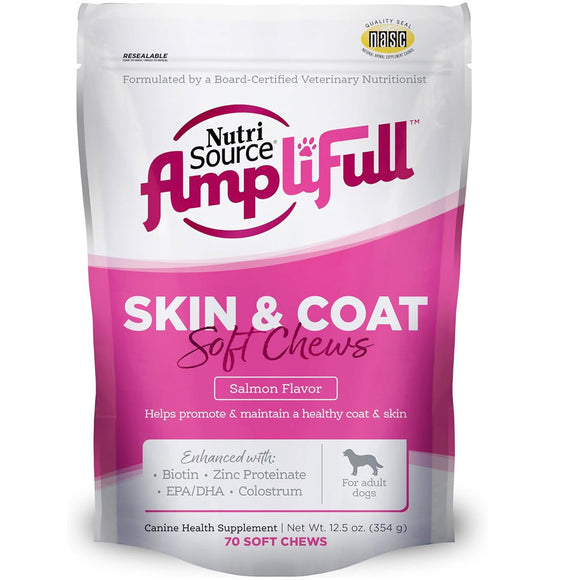 NutriSource AmpliFull Skin & Coat Soft Chews Dogs Supplement, Salmon Flavor, 70-count