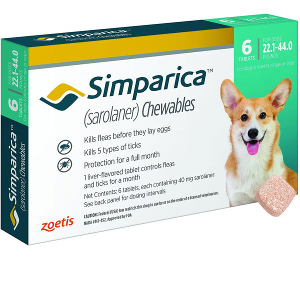 Simparica for Dogs 22.1-44 lbs 6 chewable tablets