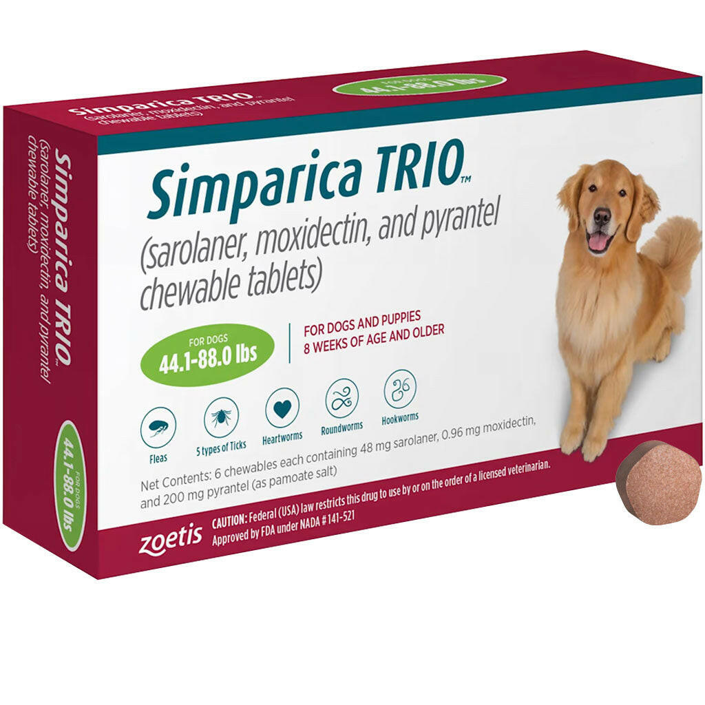 Simparica Trio For Dogs 44.1-88 Lbs For Heartworm, Flea And Tick