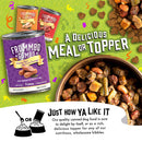 Advertisement for Frommbo Goman dog food with cans and a bowl of food on a green background.