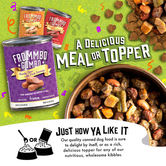 Advertisement for Frommbo Goman dog food with cans and a bowl of food on a green background.