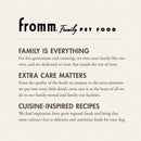 Fromm Family Pet Food advertisement with brand name and mission statement on a beige background
