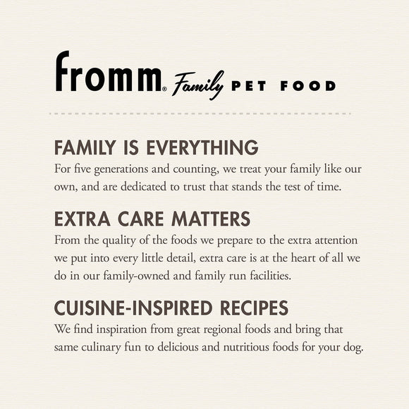 Fromm Family Pet Food advertisement with brand name and mission statement on a beige background