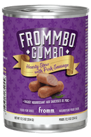 Can of Frommbo Gumbo Hearty Stews with Pork Sausage for dogs on a purple background