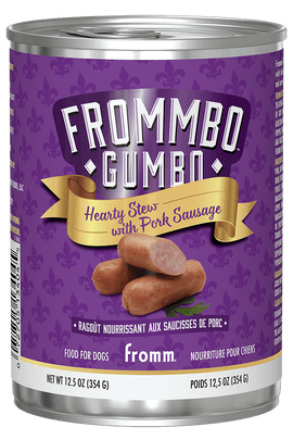 Can of Frommbo Gumbo Hearty Stews with Pork Sausage for dogs on a purple background