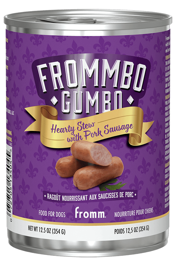 Can of Frommbo Gumbo Hearty Stews with Pork Sausage for dogs on a purple background