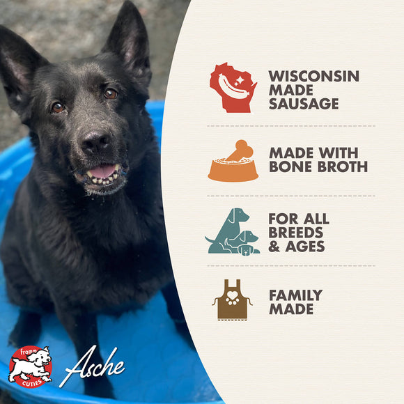 Black dog in a blue bowl with Aliche pet food branding and product features on the side.