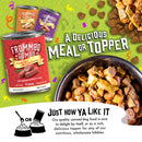 Advertisement for Frommbo Goman dog food with cans and a bowl of food on a green background.