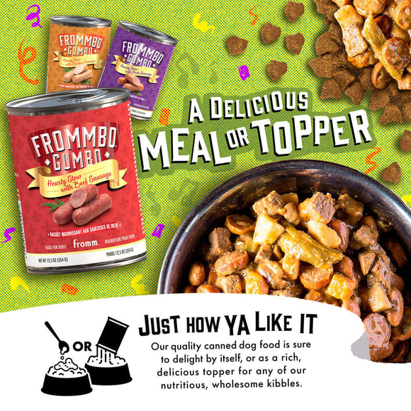 Advertisement for Frommbo Goman dog food with cans and a bowl of food on a green background.