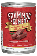 Can of Frommbo Gumbo Hearty Stews with Beef Sausage for dogs on a red background