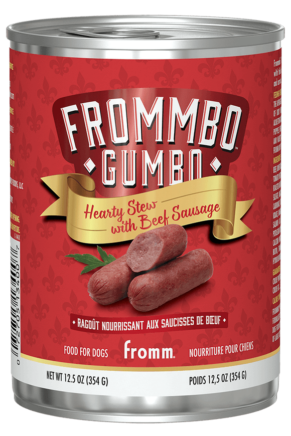 Can of Frommbo Gumbo Hearty Stews with Beef Sausage for dogs on a red background
