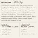 Product label with ingredients, guaranteed analysis, and caloric content details.