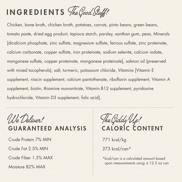 Product label with ingredients, guaranteed analysis, and caloric content details.