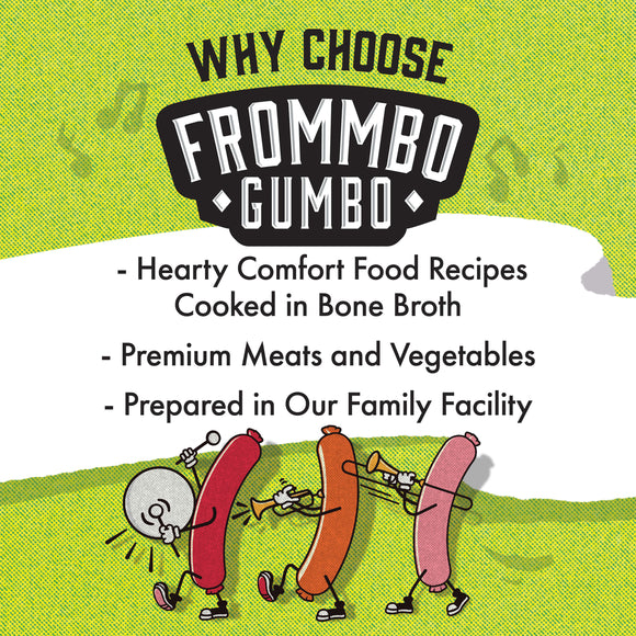 Advertisement for FROMMBO GUMBO with cartoon sausages on a green background